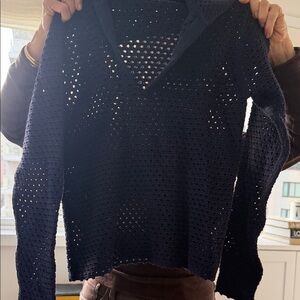 Navy Crochet Knit V-Neck Sweater